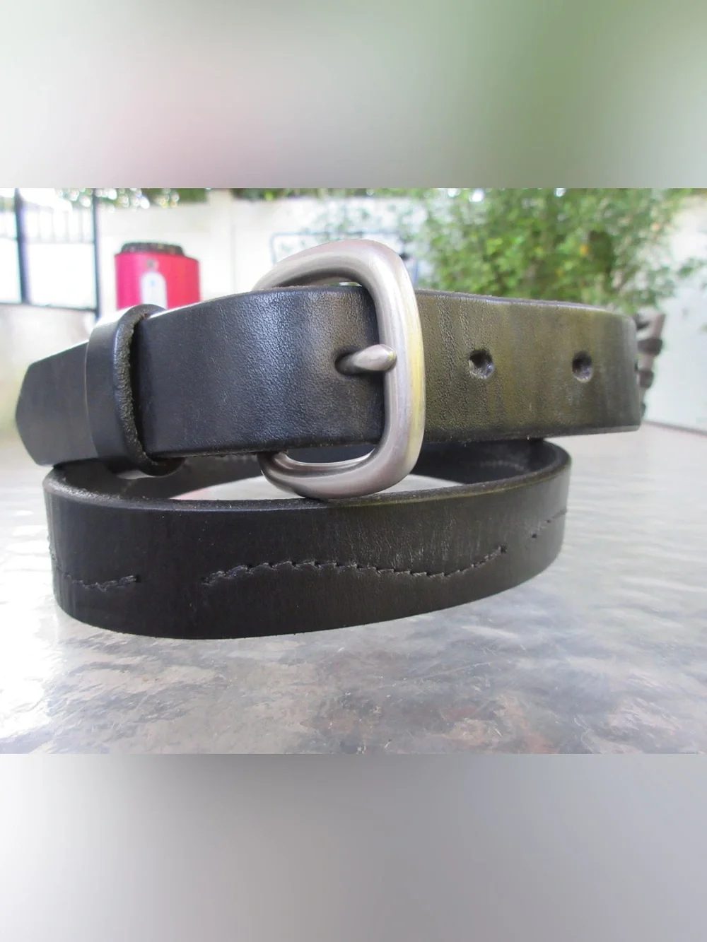 Eddie Bauer Black Leather Belt with Matte Silver Buckle 36-40”